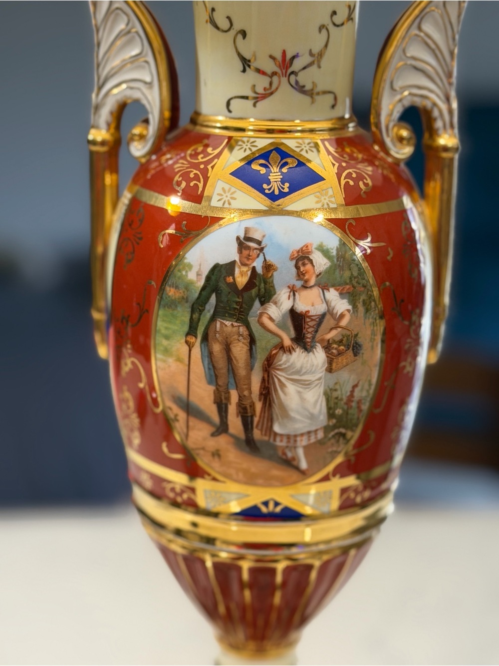 Pair Of Antique French Sevres Porcelain & Bronze Table Lamps, 32". Pair 24k Gold - Picture 3 of 16